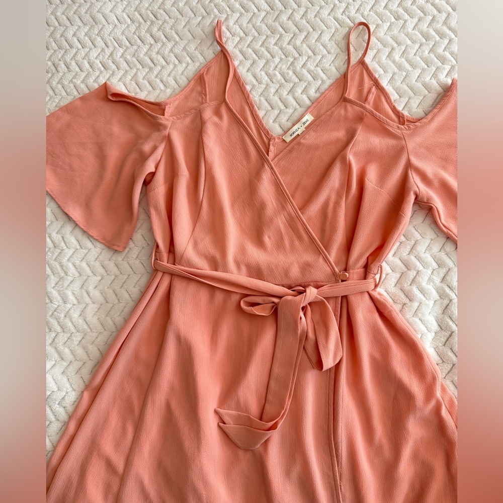 Women's Cold-Shoulder Wrap Mini Dress in Coral